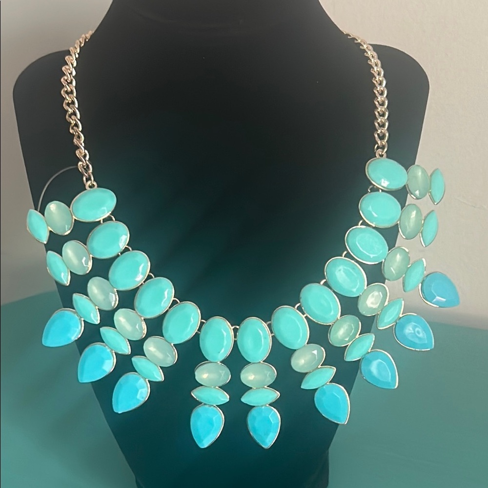 Chunky Statement Turquoise Color Collar Gold Tone Necklace
